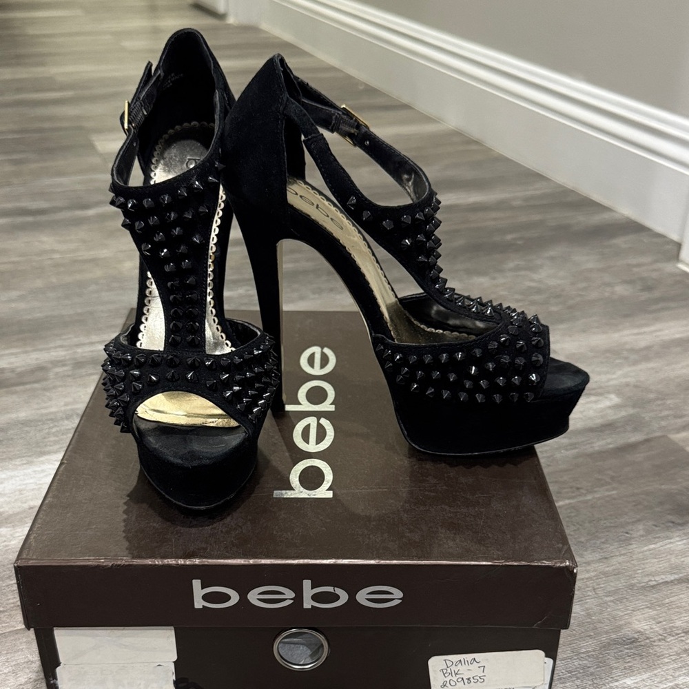 Bebe Dalia Black Suede Studded Platform Heels